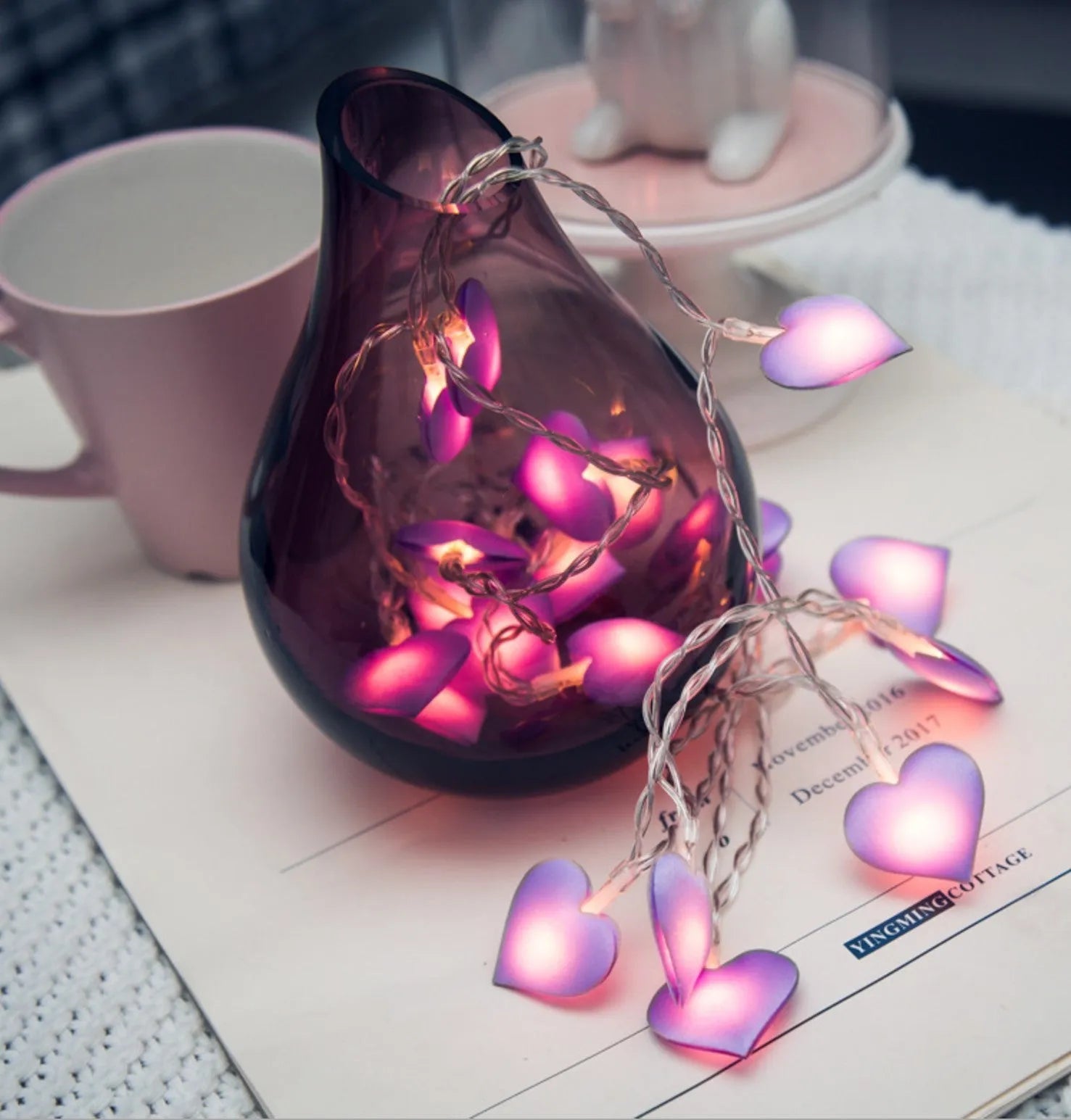 Pink heart-shaped LED fairy lights on 3-metre cable for bedroom or wedding decoration