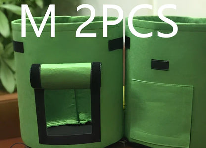 Black non-woven plant growth bag with side window and handles for potato gardening, breathable fabric, large size shown