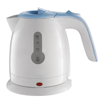 White portable electric kettle with 1-2 litre capacity and 360-degree rotating base