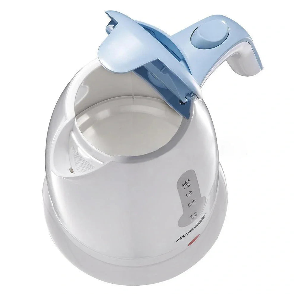 White portable electric kettle with 1-2 litre capacity and 360-degree rotating base