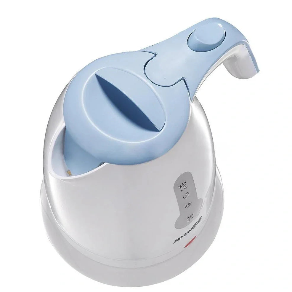 White portable electric kettle with 1-2 litre capacity and 360-degree rotating base