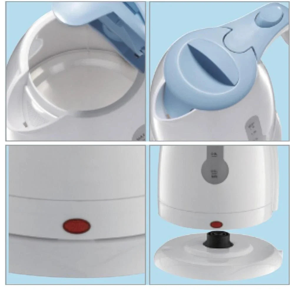White portable electric kettle with 1-2 litre capacity and 360-degree rotating base