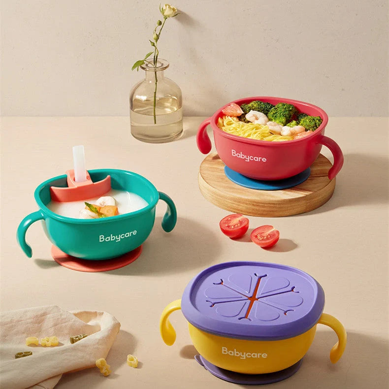 Babycare 3-in-1 Feeding Bowl with straw and suction base in rose red, green, grey, and yellow
