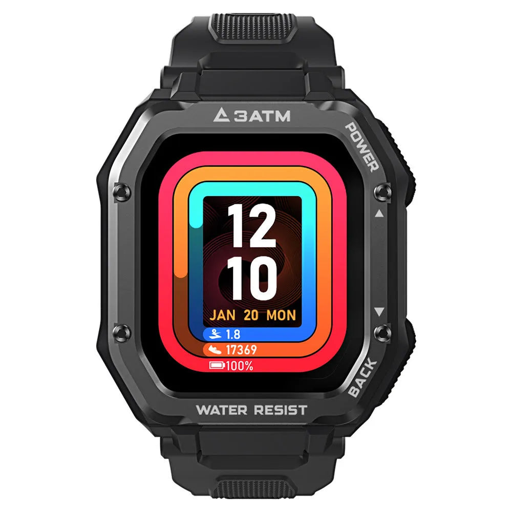 Army Green rugged smart watch with silicone strap on a wrist, showing sports stats on its 1.69-inch screen.