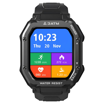 Army Green rugged smart watch with silicone strap showing sports stats on 1.69-inch screen.