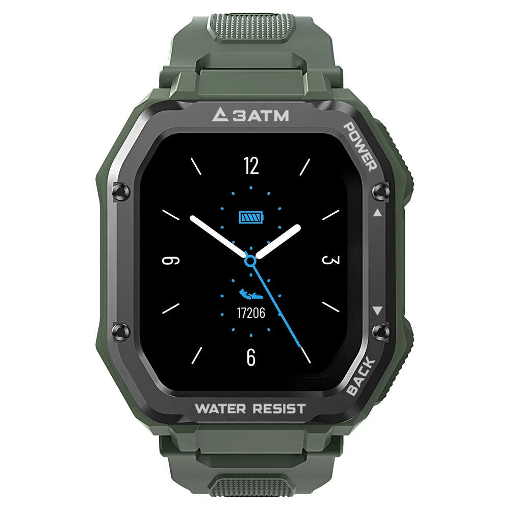 Army Green rugged smart watch with silicone strap showing sports stats on 1.69-inch screen.