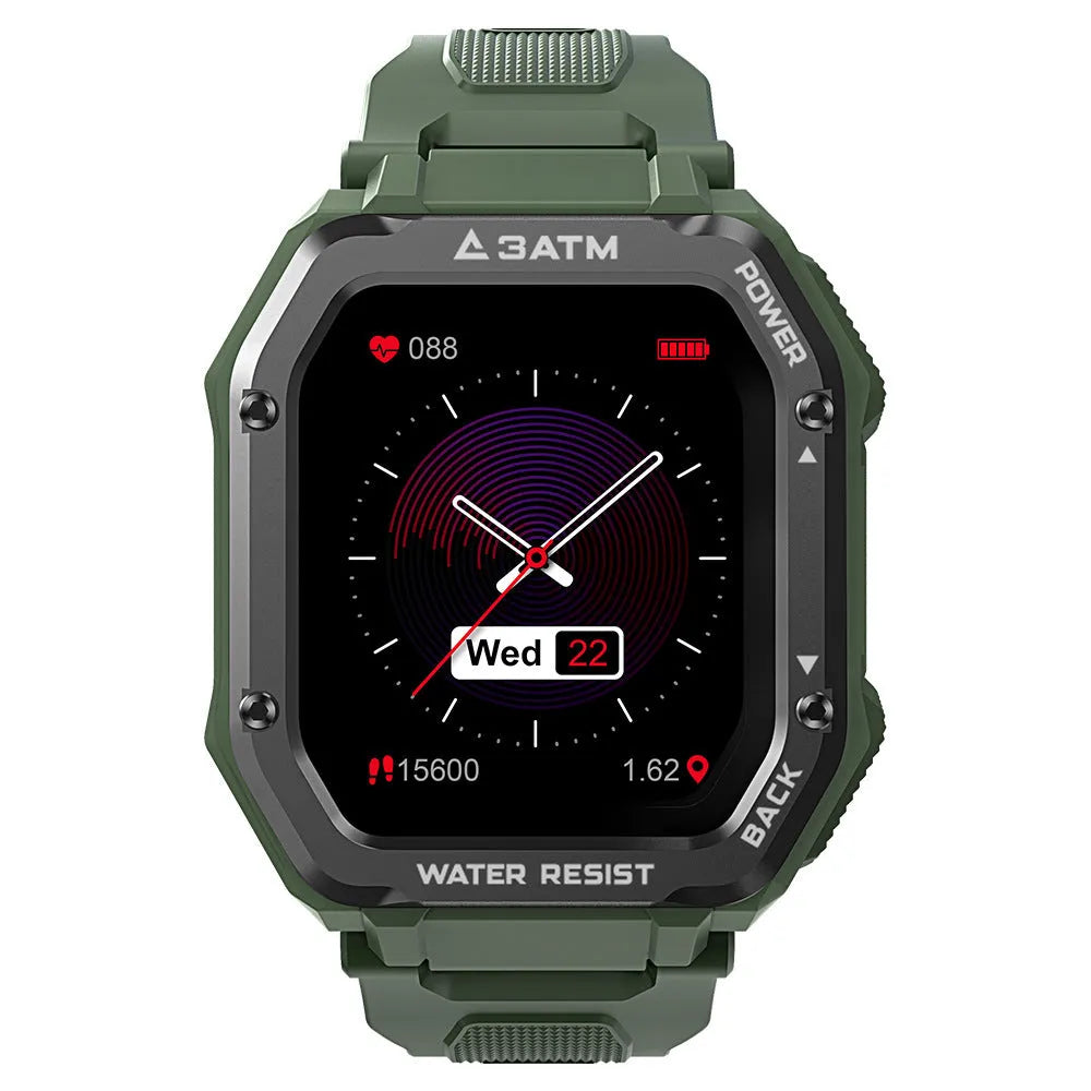Army Green rugged smartwatch with a 1.69-inch screen on a silicone strap, showing a fitness stats display.