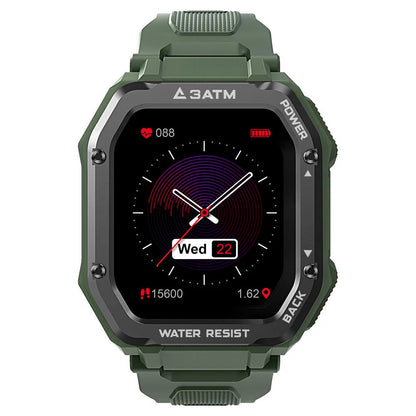 Army Green rugged smartwatch with a 1.69-inch screen on a silicone strap, showing a fitness stats display.