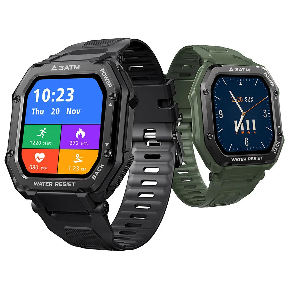 Army Green rugged smart watch with silicone strap on a wrist, showing sports stats on its 1.69-inch screen.