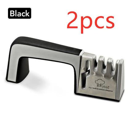Four-in-one kitchen knife sharpener with 304 stainless steel body and ABS/TPR handle in black colour