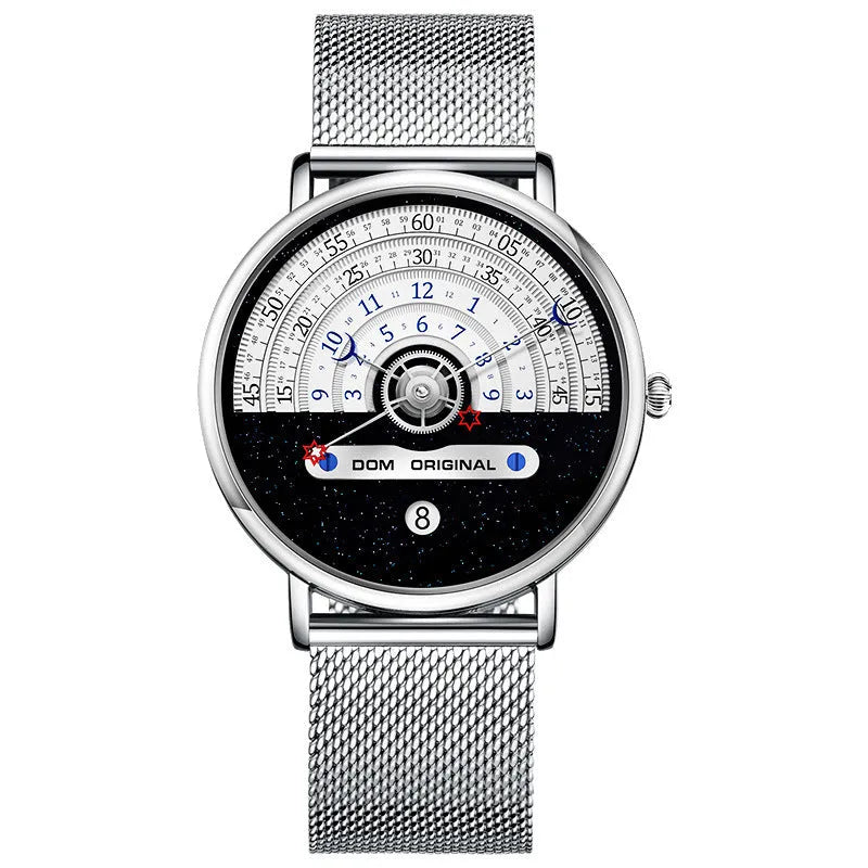 Men's quartz wristwatch sports style watch with 40mm dial diameter and 11mm thickness featuring mineral strengthened glass mirror waterproof to 30 metres available in gold or silver colour with stainless steel or leather strap and onion crown