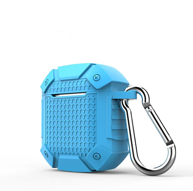 Silicone back cover for AirPods charging case in blue, red, black, or royal blue.