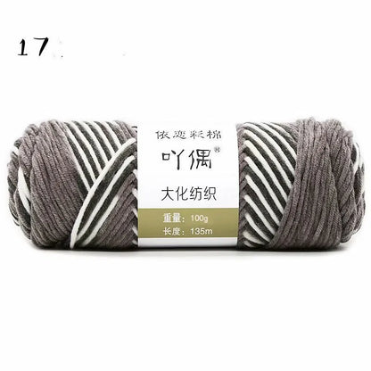 Eight strands of gradient milk cotton wool in a ball, showing multiple colour options for hand knitting.
