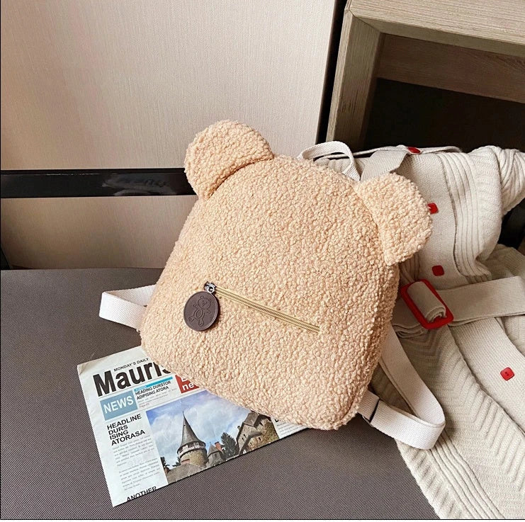 Adorable bear-shaped backpack made of soft, fleece material for kids and women's travel and everyday use