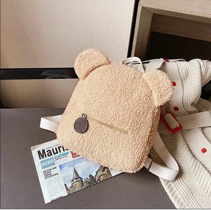 Adorable bear-shaped backpack made of soft, fleece material for kids and women's travel and everyday use