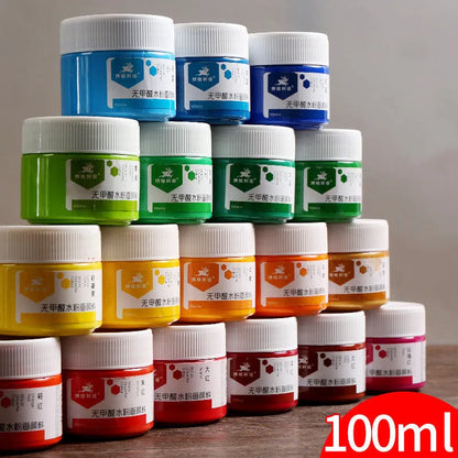 100g bottled gouache paint set showing eight colours: black, blue, dark blue, orange, purple, red, sky blue, yellow.
