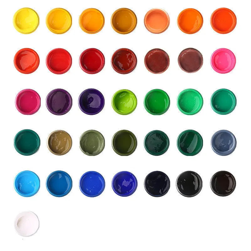 100g bottled gouache paint set showing eight colours: black, blue, dark blue, orange, purple, red, sky blue, yellow.