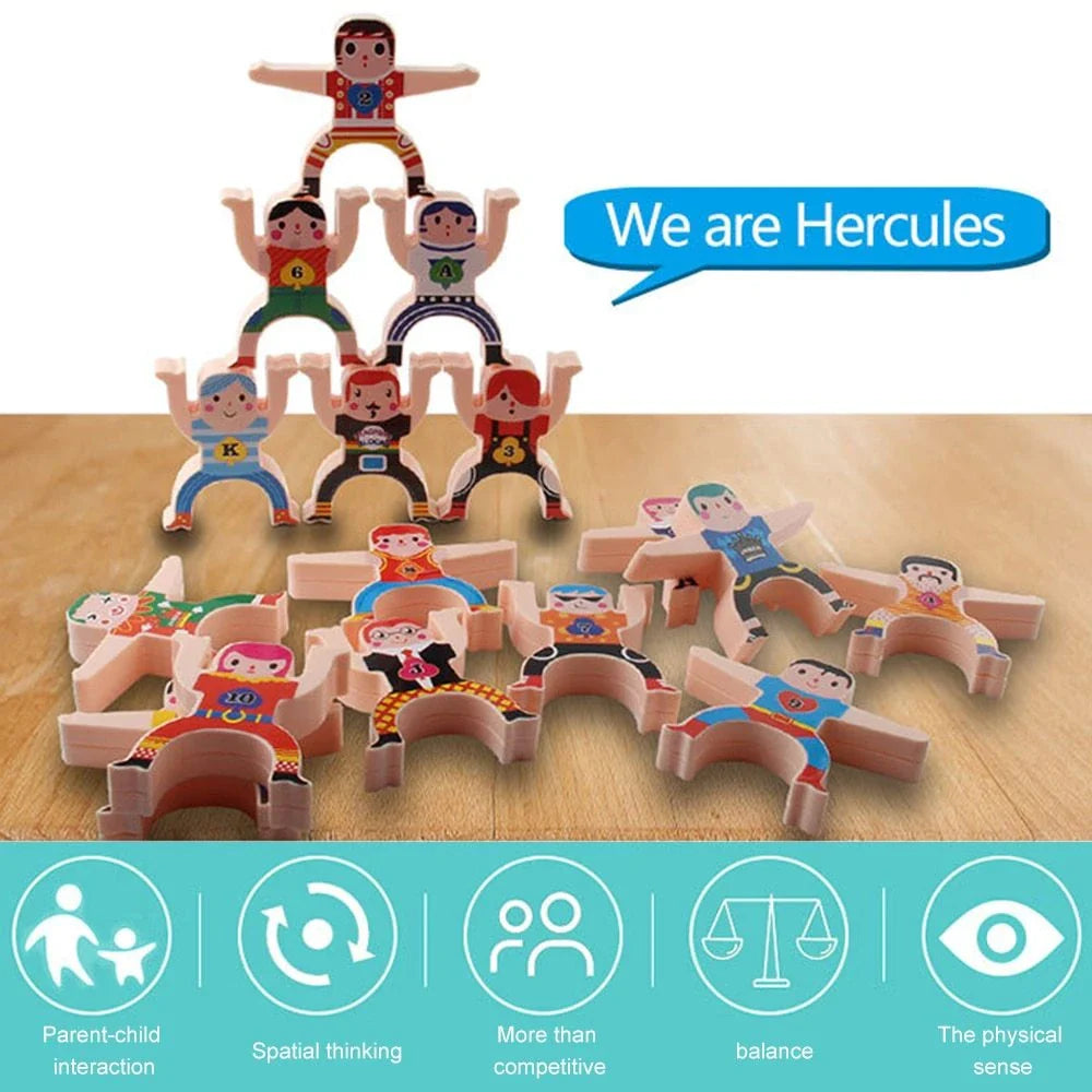 Colourful Cartoon Hercules building blocks with smiling figures and interactive stacking game