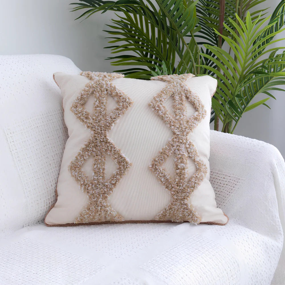 Tufted throw pillow with Moroccan fringe in 45cm square size with decorative tufting pattern