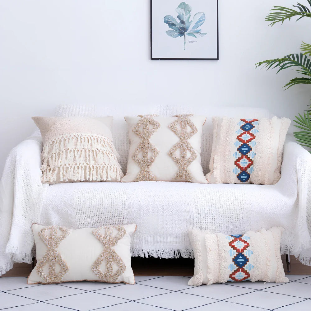 Tufted throw pillow with Moroccan fringe in 45cm square size with decorative tufting pattern
