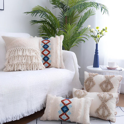Tufted throw pillow with Moroccan fringe in 45cm square size with decorative tufting pattern