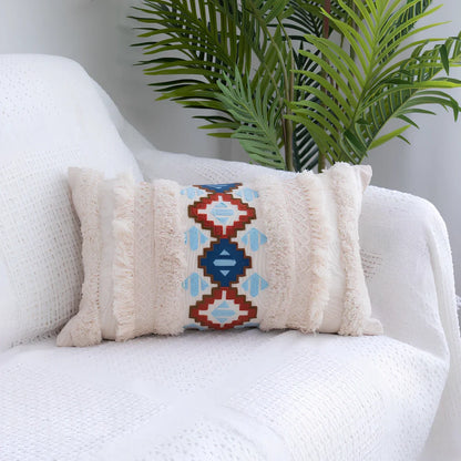 Tufted throw pillow with Moroccan fringe in 45cm square size with decorative tufting pattern
