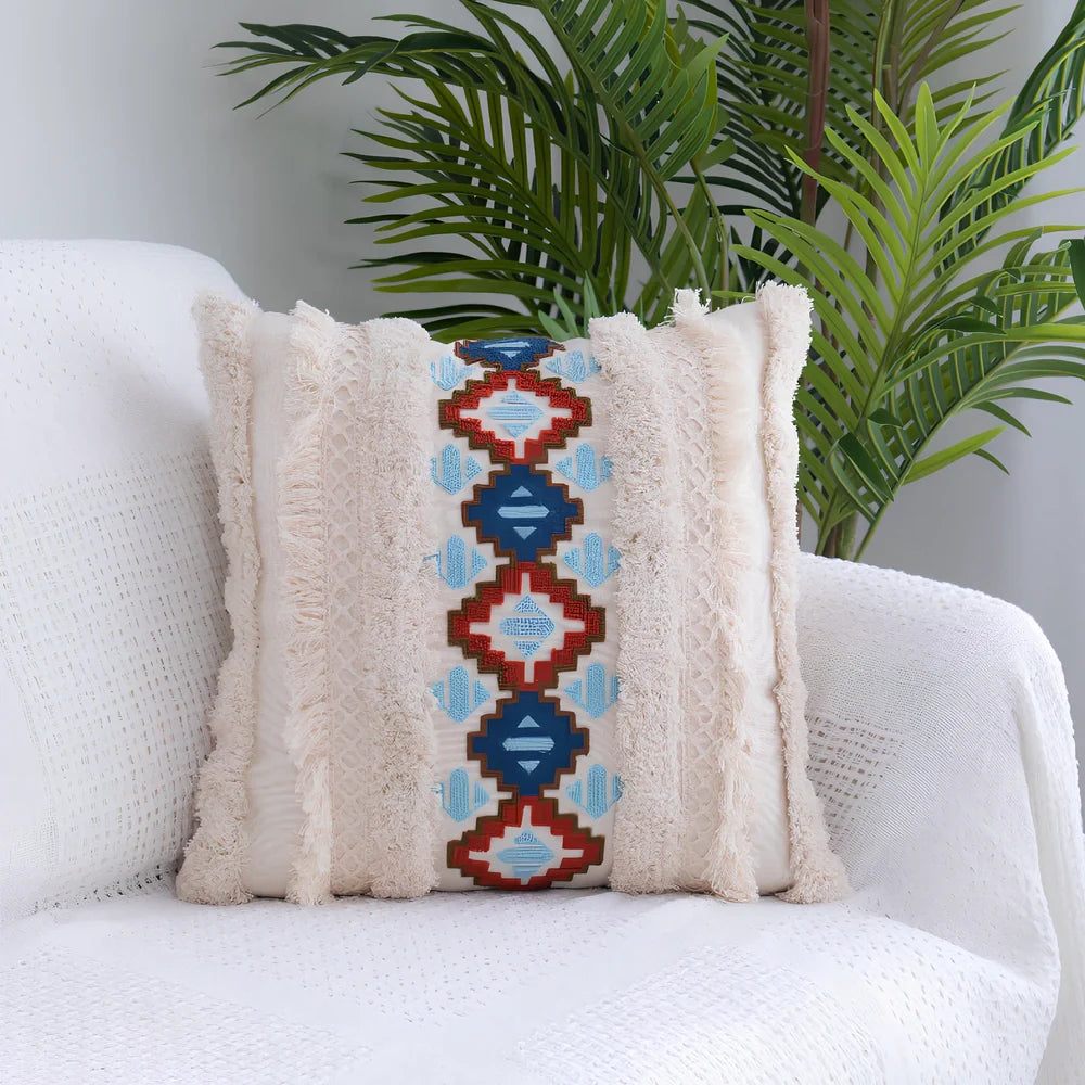 Tufted throw pillow with Moroccan fringe in 45cm square size with decorative tufting pattern