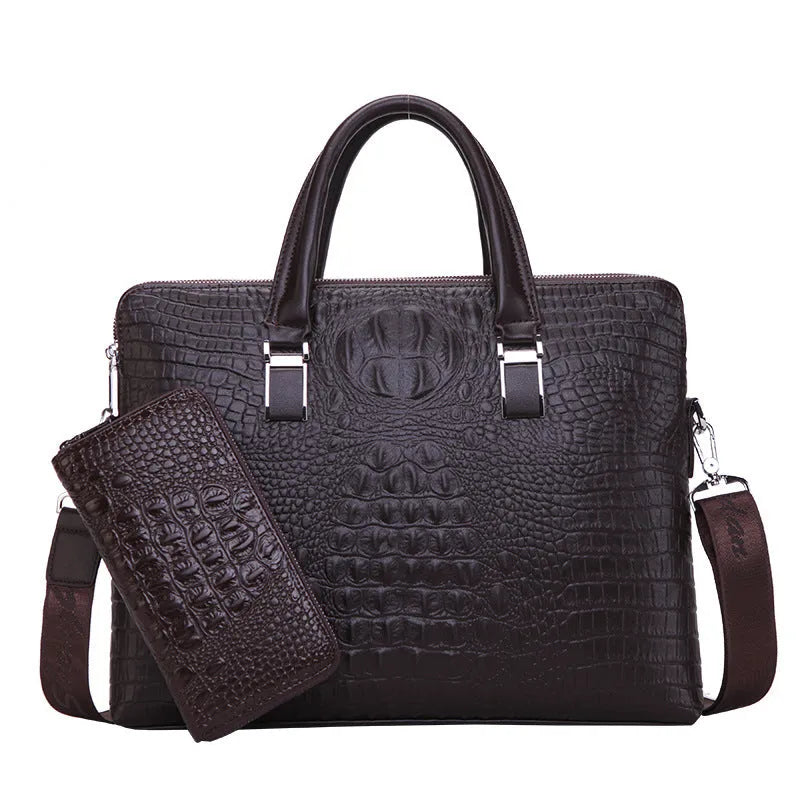 Men's PU leather messenger bag with crocodile pattern, 14-inch horizontal square briefcase in black, blue, or brown