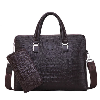 Men's PU leather messenger bag with crocodile pattern, 14-inch horizontal square briefcase in black, blue, or brown