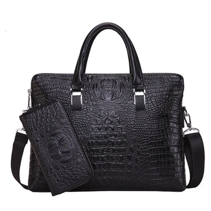 Men's PU leather messenger bag with crocodile pattern, 14-inch horizontal square briefcase in black, blue, or brown