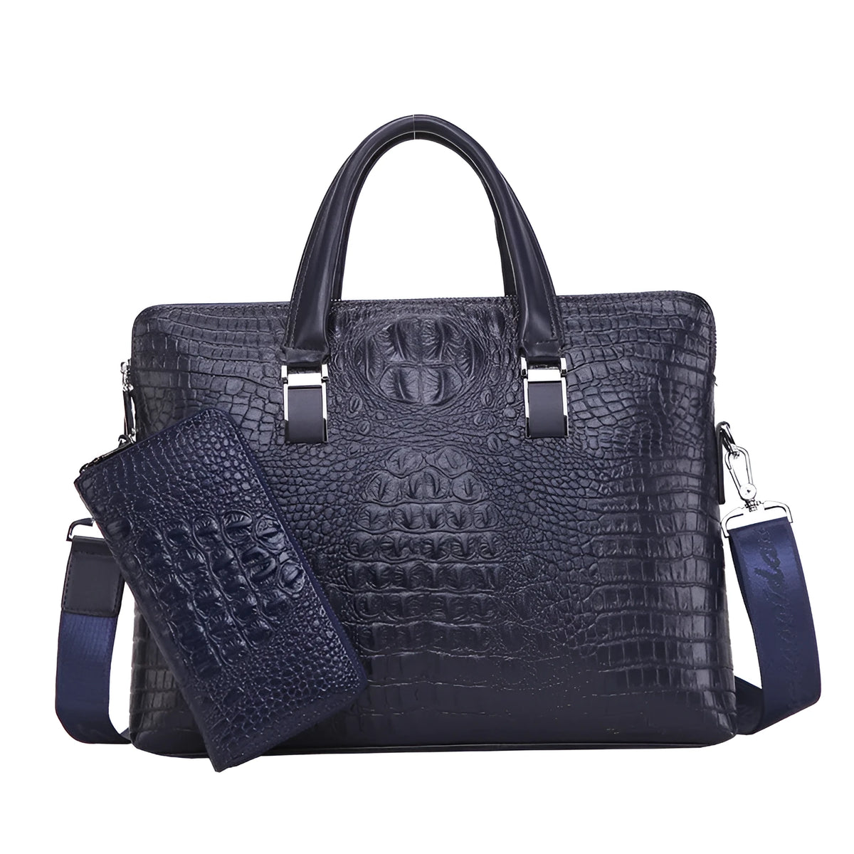 Men's PU leather messenger bag with crocodile pattern, 14-inch horizontal square briefcase in black, blue, or brown