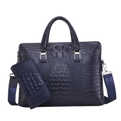 Men's PU leather messenger bag with crocodile pattern, 14-inch horizontal square briefcase in black, blue, or brown