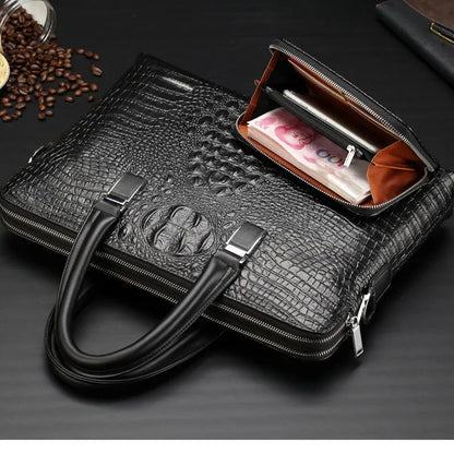 Men's PU leather messenger bag with crocodile pattern, 14-inch horizontal square briefcase in black, blue, or brown