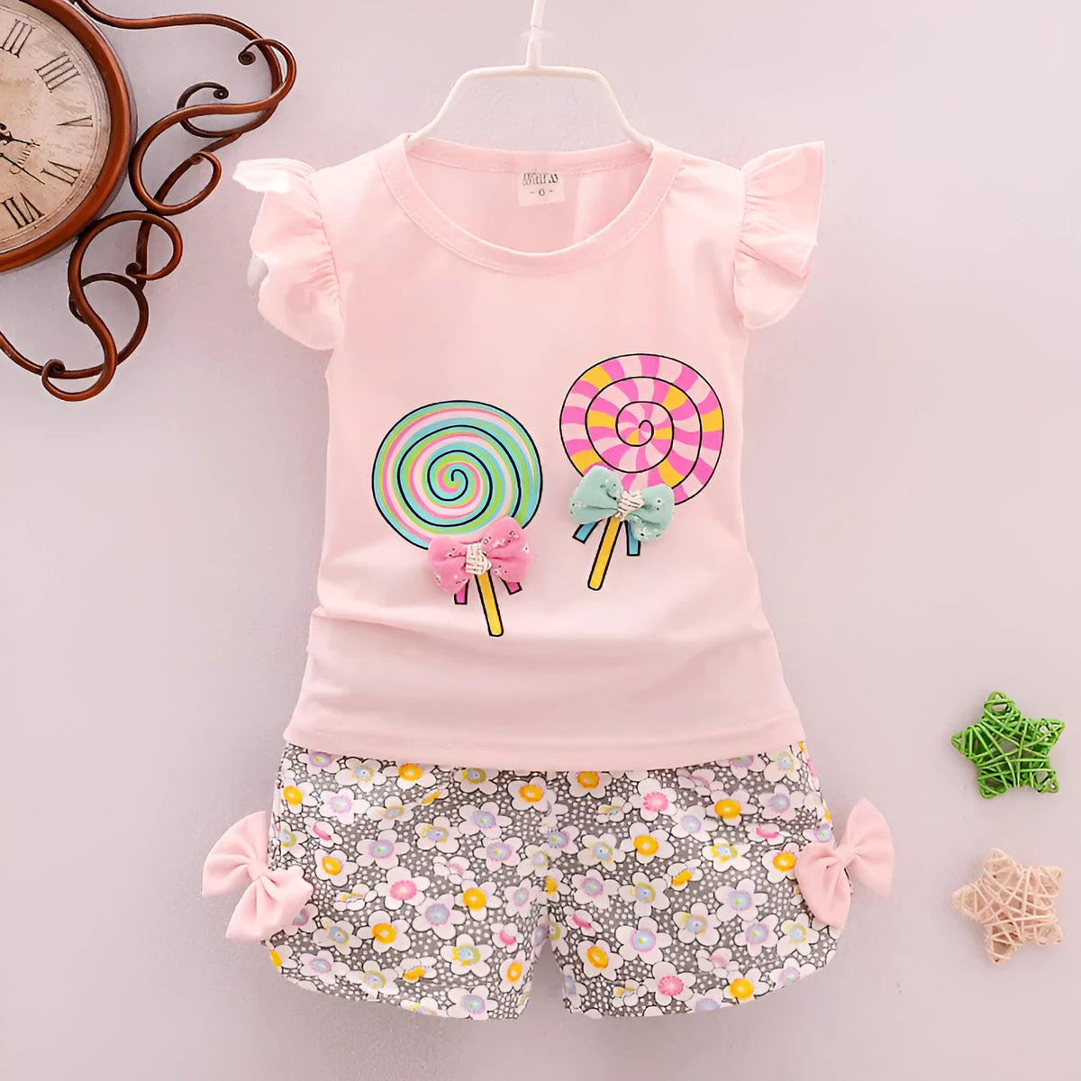 Girls cotton two-piece outfit with sleeveless top and shorts in pink, rose red, white or yellow, sizes 70cm to 100cm