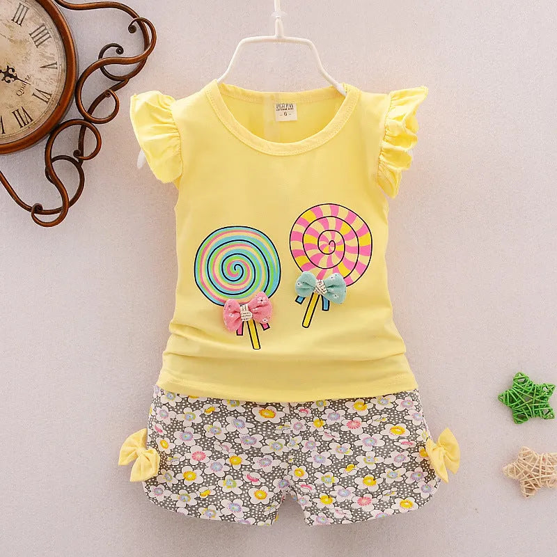 Girls cotton two-piece outfit with sleeveless top and shorts in pink, rose red, white or yellow, sizes 70cm to 100cm