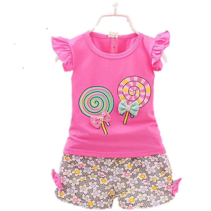 Girls cotton two-piece outfit with sleeveless top and shorts in pink, rose red, white or yellow, sizes 70cm to 100cm
