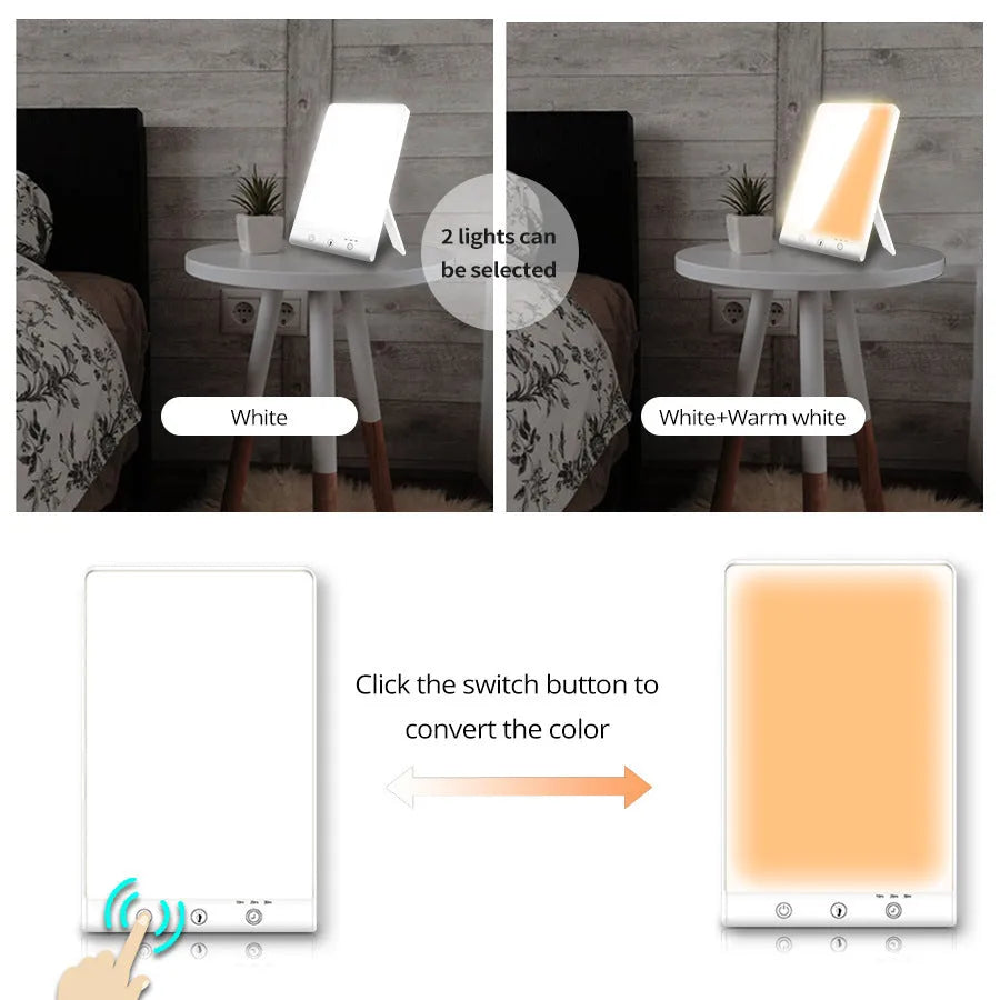 Modern SAD light therapy lamp with touch controls and USB/mains power options