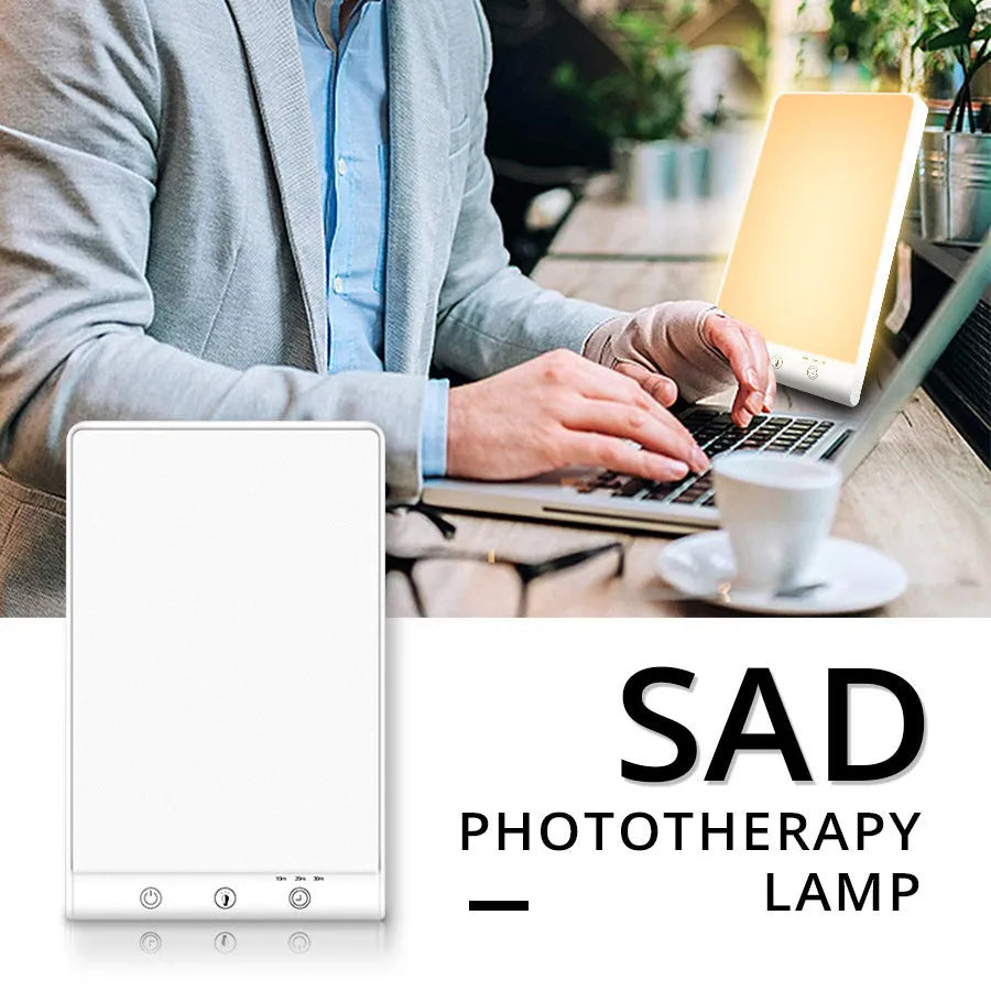 Modern SAD light therapy lamp with touch controls and USB/mains power options