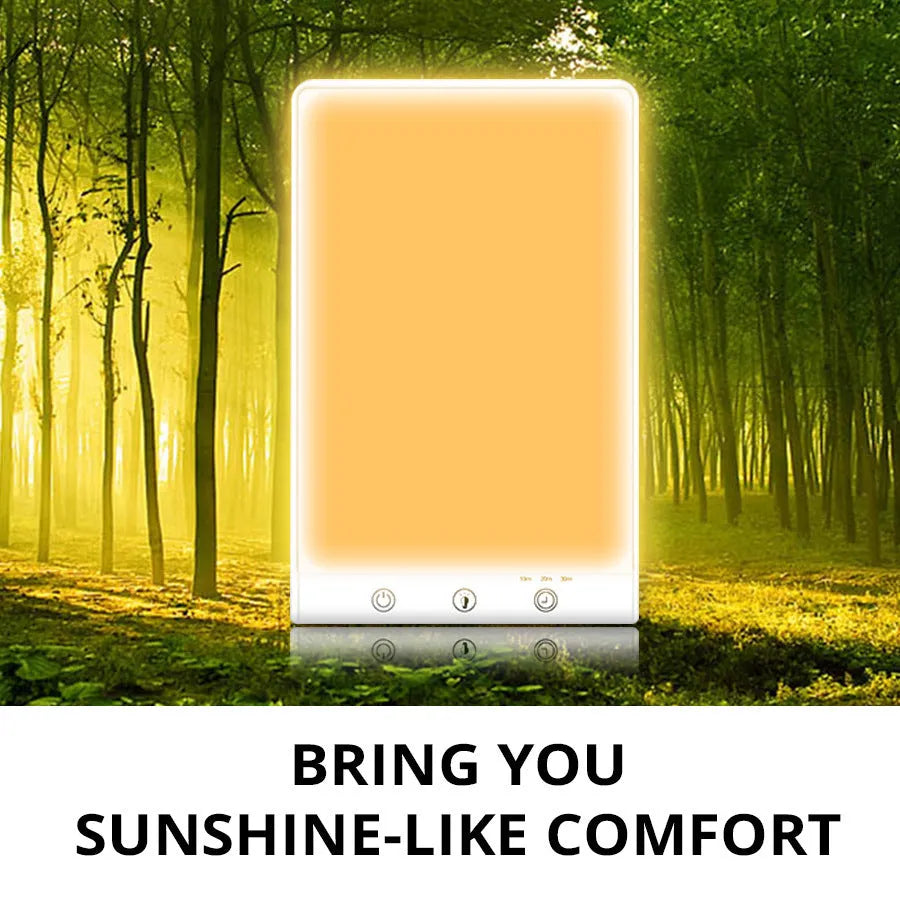 Modern SAD light therapy lamp with touch controls and USB/mains power options