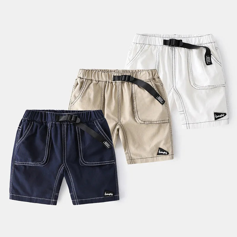 Children's 100% cotton summer shorts with elastic waist and letter print, in white, navy blue or khaki, sizes 90-130cm