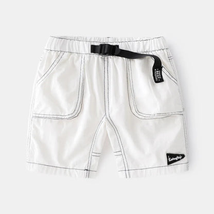 Children's 100% cotton summer shorts with elastic waist and letter print, in white, navy blue or khaki, sizes 90-130cm