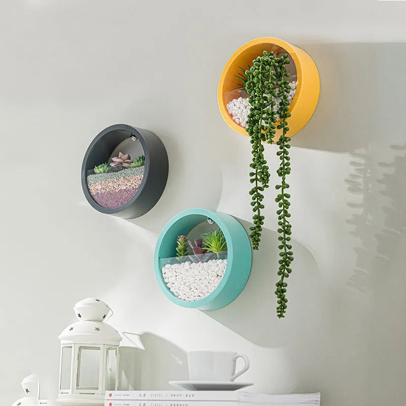 Round iron style plastic wall vase hanging basket for flowers in multiple colour options.