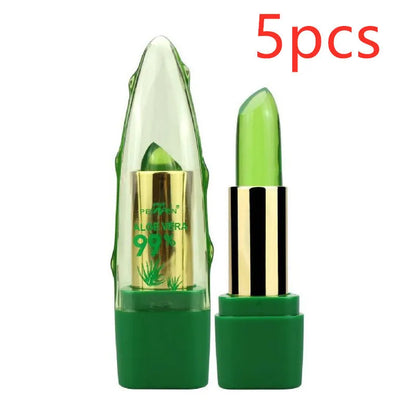 Aloe vera gel colour changing lipstick gloss in a tube, shown with a swatch of its adaptive pink shade.