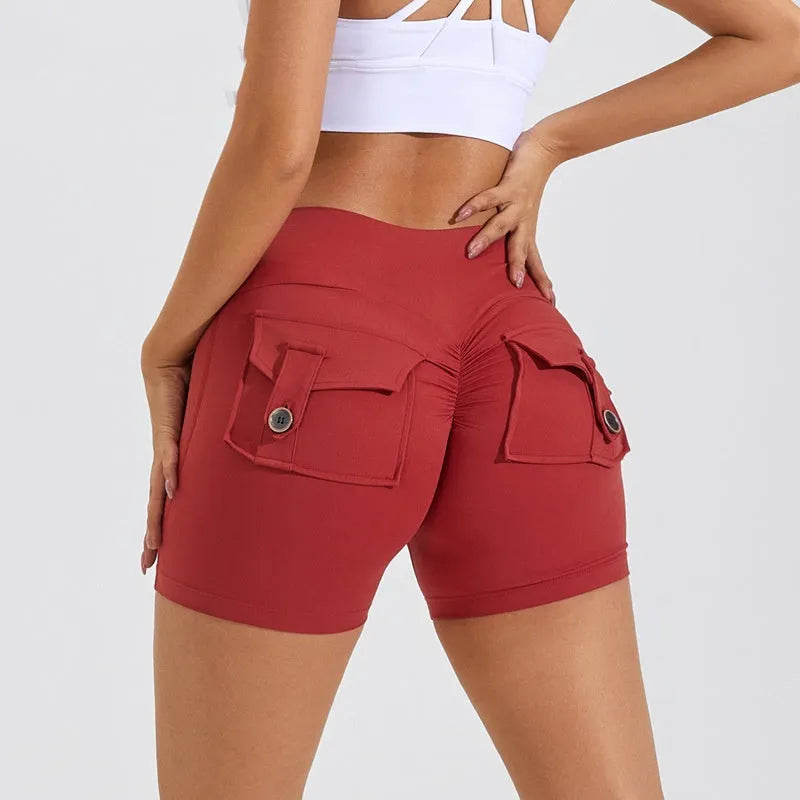 Women's high-waist quick-dry fitness shorts with side pockets in avocado green colour