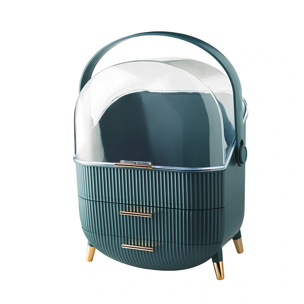 Green cosmetic storage box with cover for skincare product organisation and dust protection