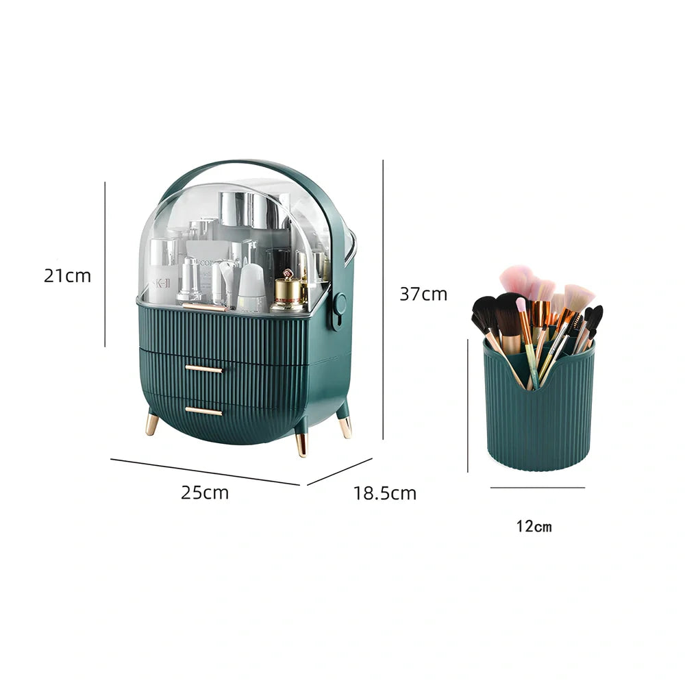 Green cosmetic storage box with cover for skincare product organisation and dust protection