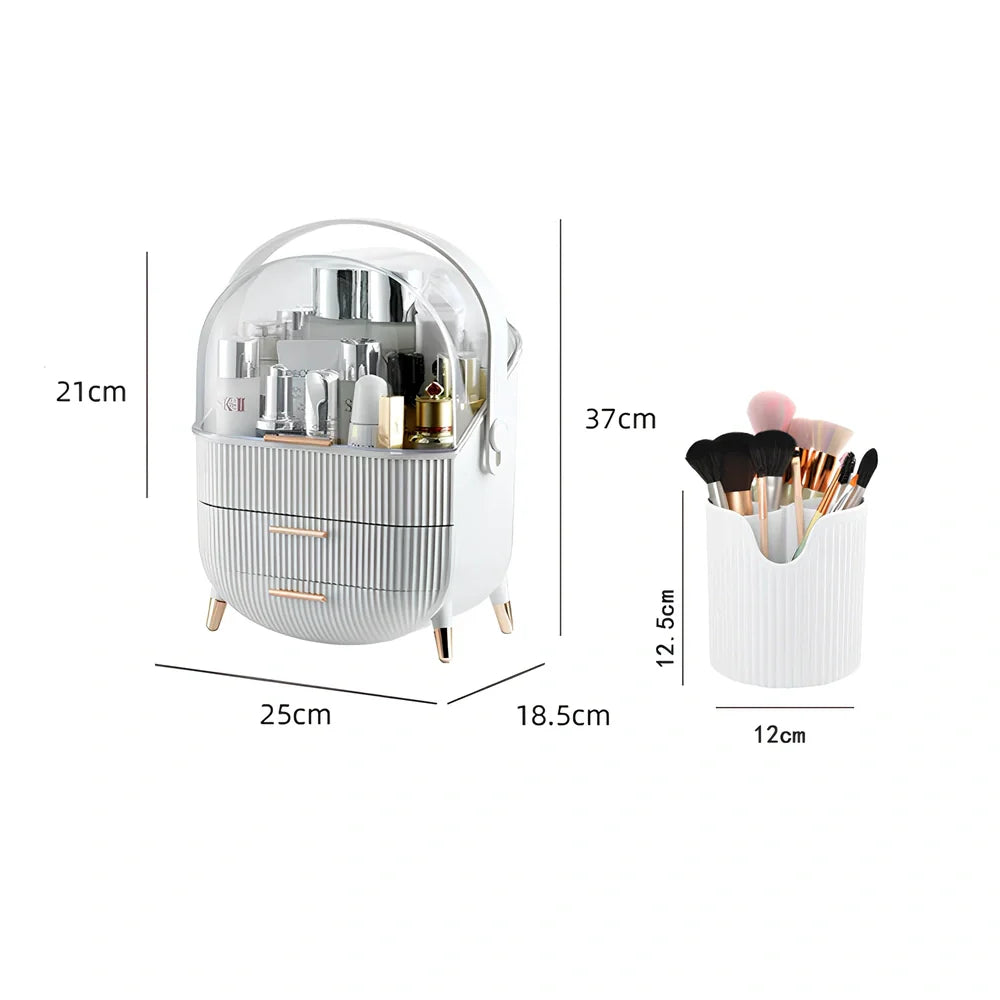 Green cosmetic storage box with cover for skincare product organisation and dust protection