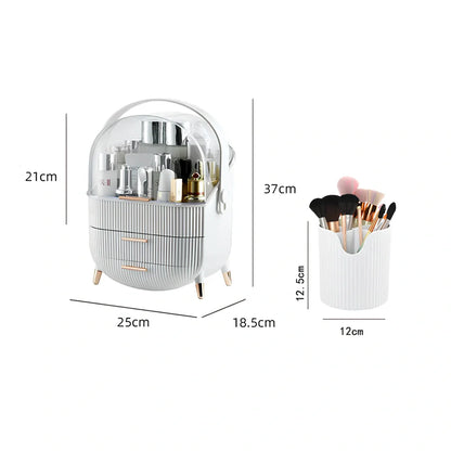Green cosmetic storage box with cover for skincare product organisation and dust protection