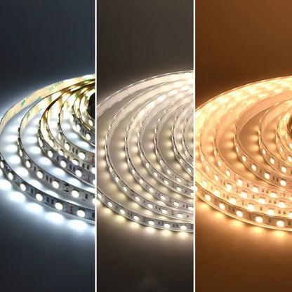 Close-up of flexible white LED light strip with 5050 SMD chips, showing cut points and adhesive backing.