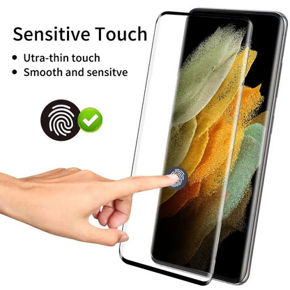 Samsung Galaxy S21 Ultra tempered glass screen protector with 3D curved edges on a phone.
